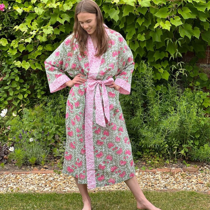 Pink And Green Floral Cotton Full Length Kimono image