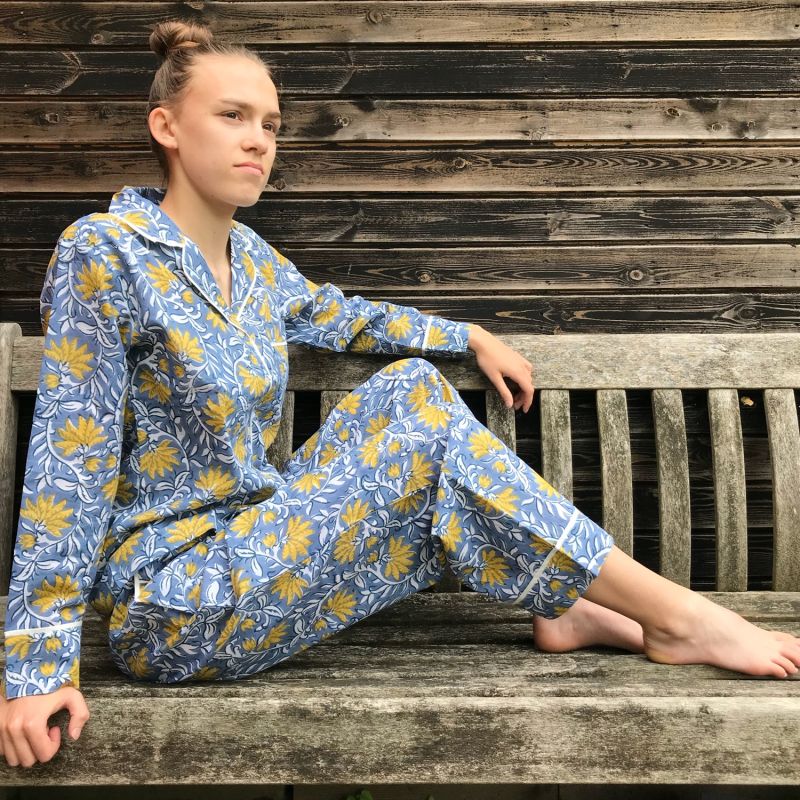Blue And Yellow Floral Block Printed Pyjamas image