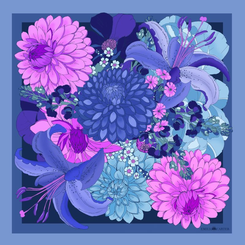 The Dahlia Bouquet Silk Scarf - Indigo image