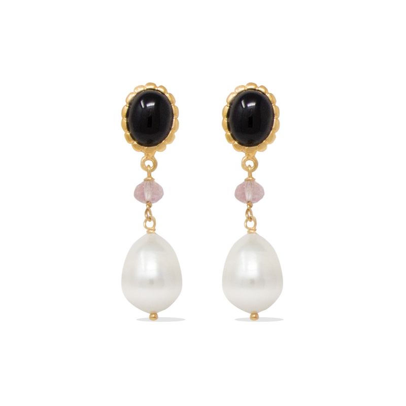 Onyx, Pink Quartz & Pearl Rose Gold Drop Earrings image