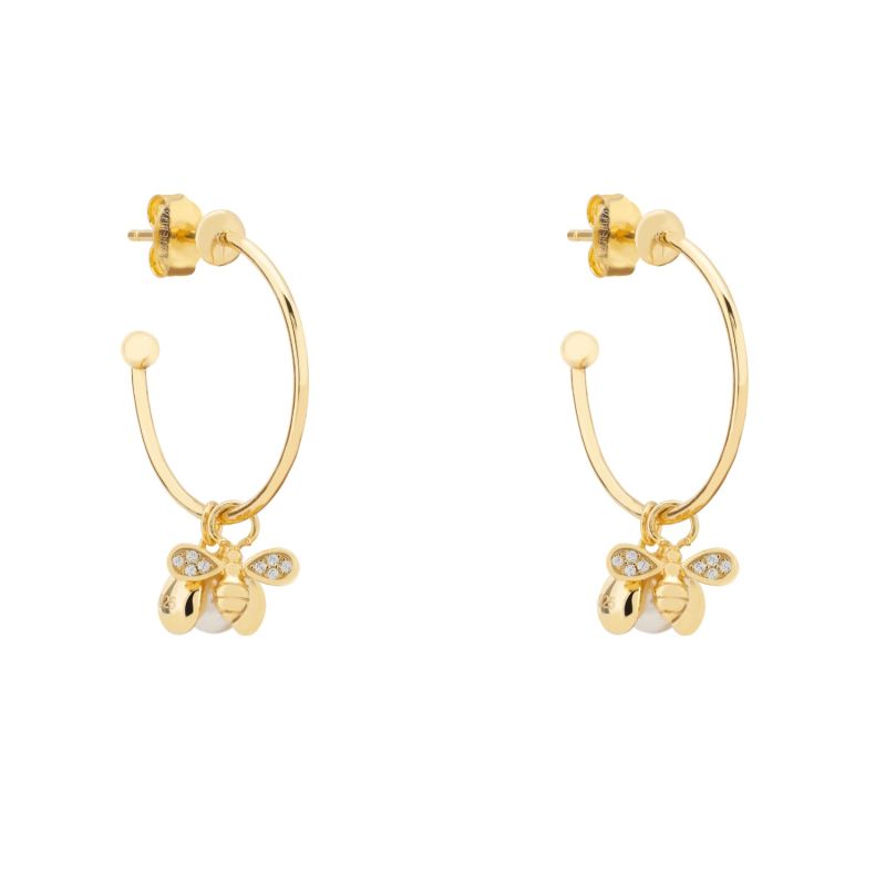 Busy Bee & Pearl Hoop Earrings Gold image