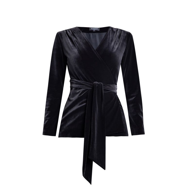 Evelyn Velvet Wrap Jacket With Self-Tie Sash In Black image