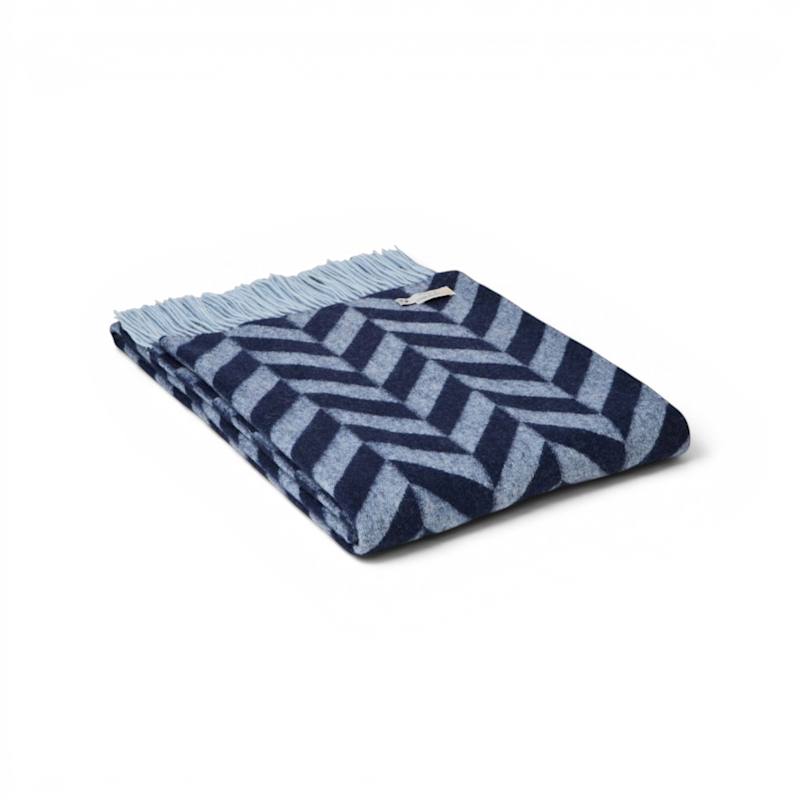 Thumbnail of 100% Lambswool Chunky Herringbone Blanket - Navy & Powder Blue image