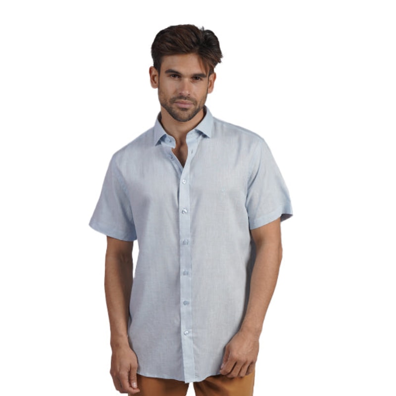 Thumbnail of 100% Linen Button Short Sleeve Button Down Shirt - Light Blue image