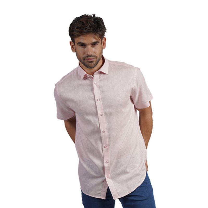 Thumbnail of 100% Linen Button Short Sleeve Button Down Shirt - Pink image