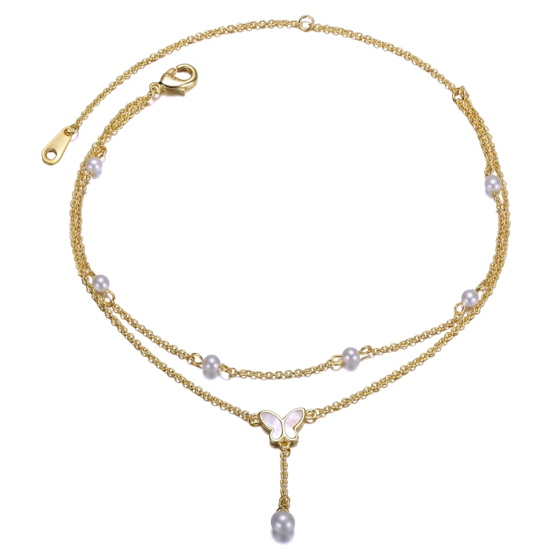 Thumbnail of Sterling Silver Yellow Gold Plated With White Double Layer Pearl & Butterfly Anklet image