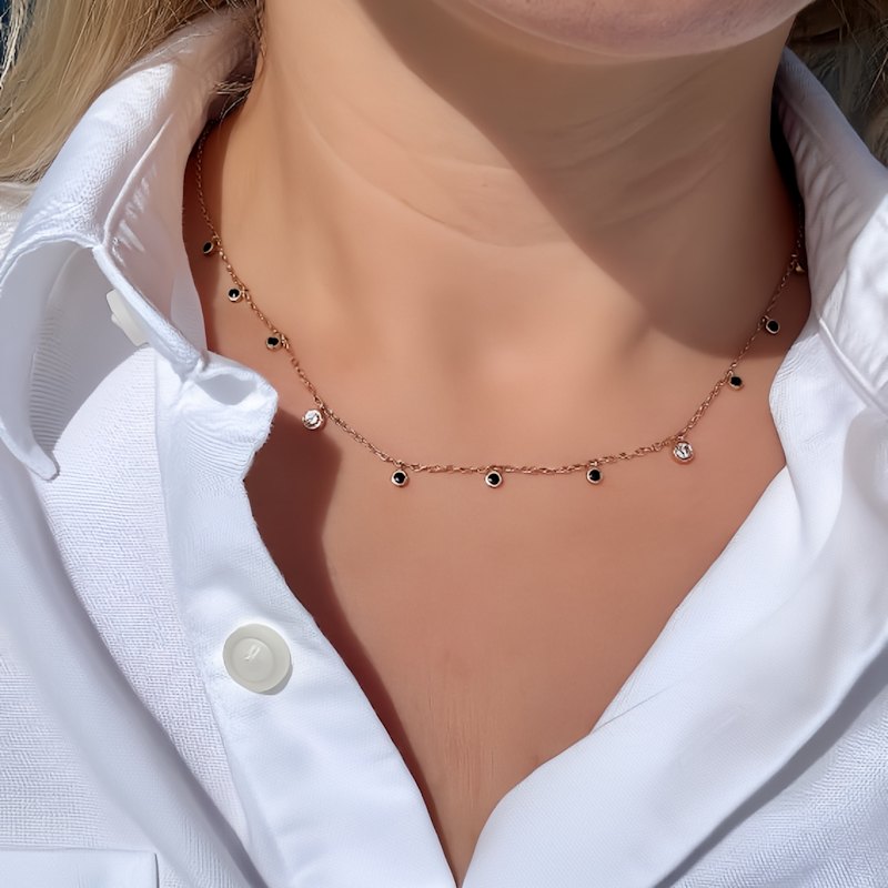 Thumbnail of Solid 14ct Gold Black Enamel Diamond Chain Necklace image