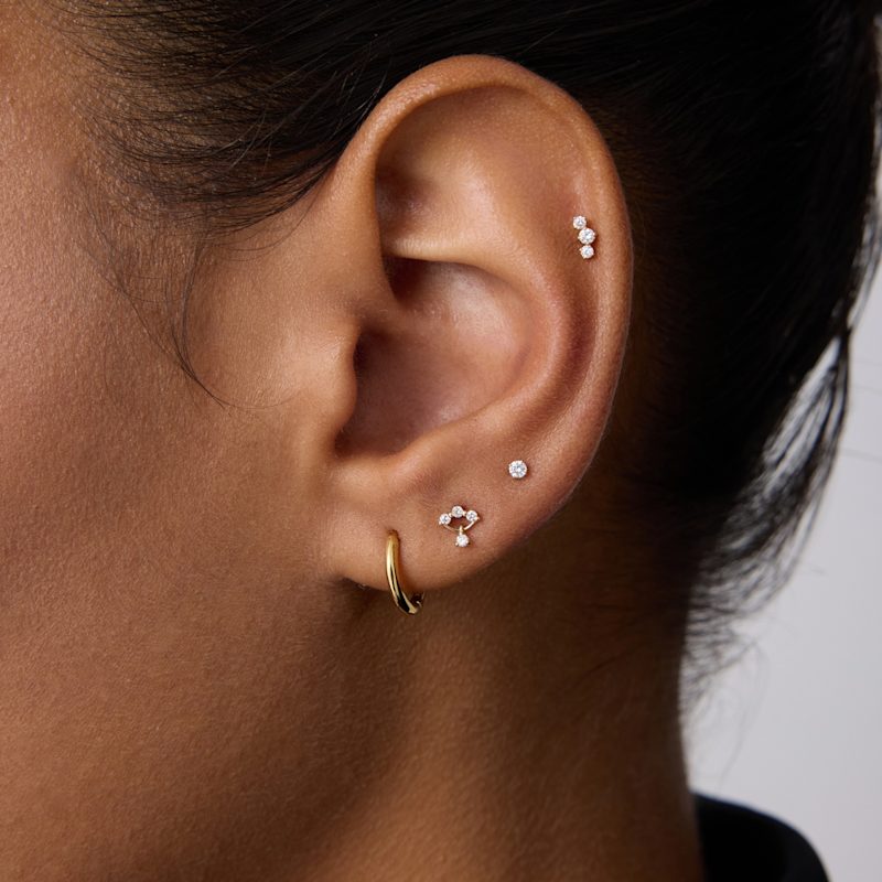 Thumbnail of 14K Solid Yellow Gold Lab-Grown Diamond Curved Trio Flat Back Stud image