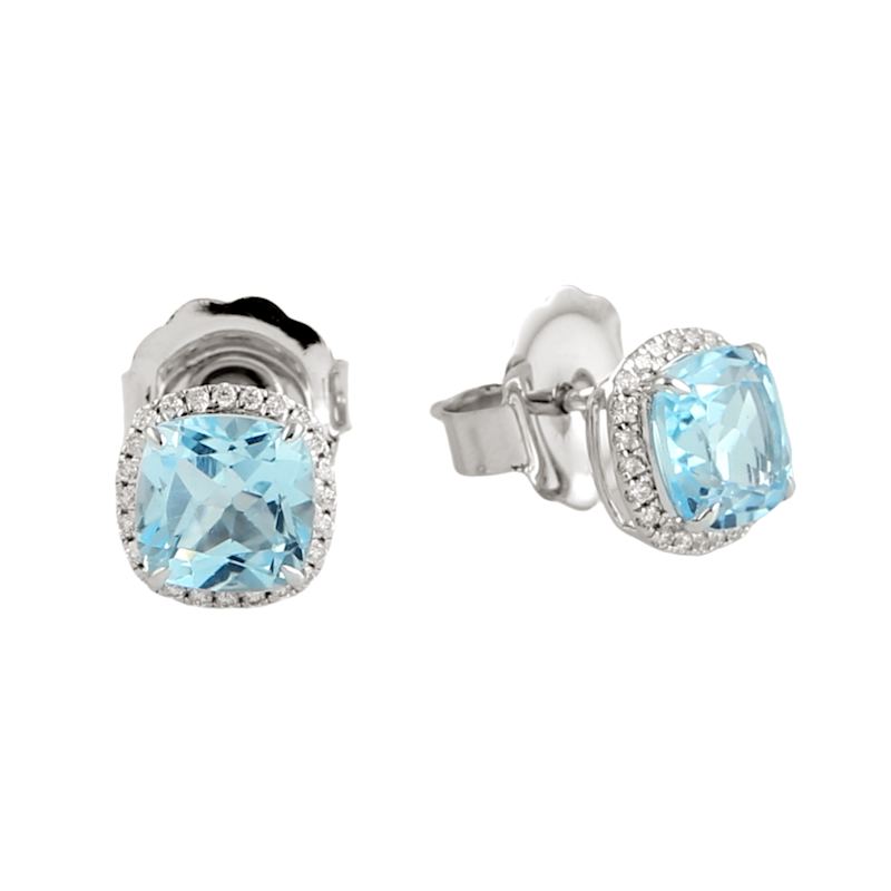 Thumbnail of 14K White Gold Cushion Blue Topaz & Diamond Halo Stud Earrings image