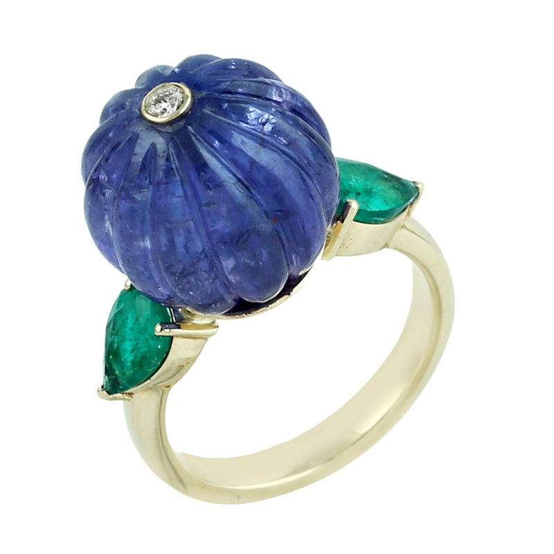 Thumbnail of Carved Tanzanite, Emerald & Diamond Ring in 14K Yellow Gold image