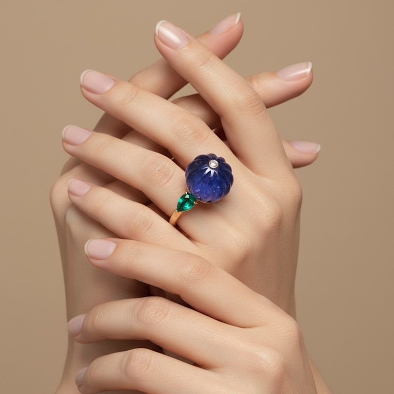 Thumbnail of Carved Tanzanite, Emerald & Diamond Ring in 14K Yellow Gold image