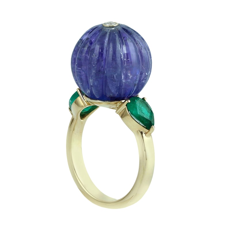 Thumbnail of Carved Tanzanite, Emerald & Diamond Ring in 14K Yellow Gold image