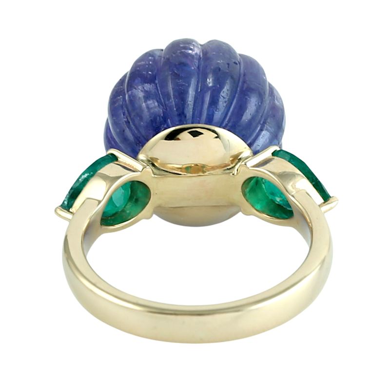 Thumbnail of Carved Tanzanite, Emerald & Diamond Ring in 14K Yellow Gold image