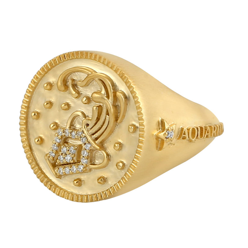 Thumbnail of Aquarius Zodiac Diamond Signet Ring in 14K Yellow Gold image