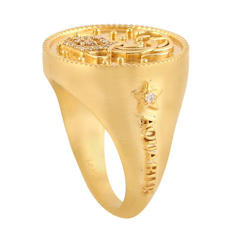 Thumbnail of Aquarius Zodiac Diamond Signet Ring in 14K Yellow Gold image