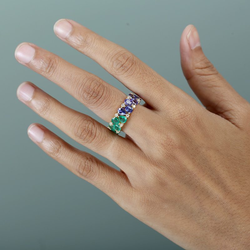 Thumbnail of Emerald and Pink Sapphire Tanzanite Pear Eternity Ring with Diamond in 14K Yellow Gold image
