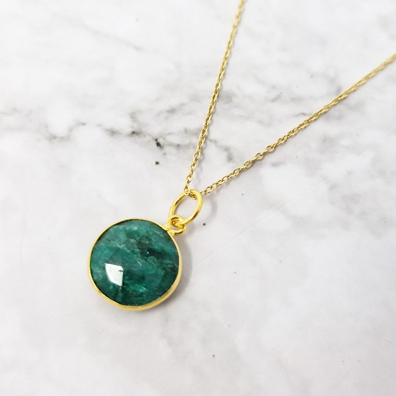 Gold Plated Glowing Shiny Round Emerald May Birthstone Necklace