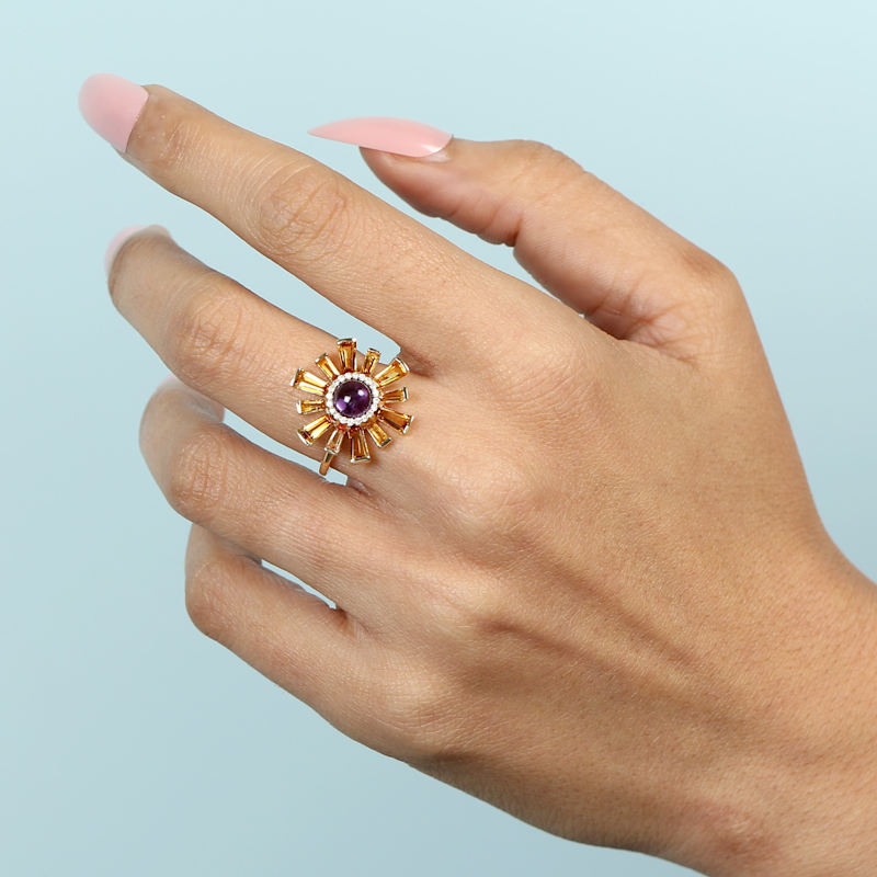 Thumbnail of Amethyst & Citrine Sunburst Diamond Ring in 18K Yellow Gold image