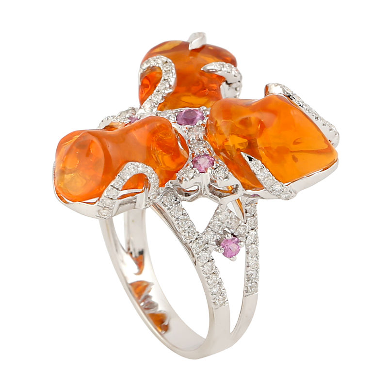 Thumbnail of Fire Opal, Pink Sapphire & Diamond Statement Ring in 18K White Gold image