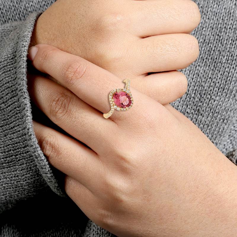 Thumbnail of Pink Tourmaline & Diamond Halo Ring in 18K Yellow Gold image