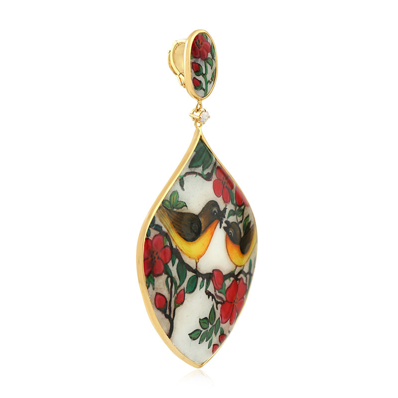 Thumbnail of 18K Yellow Gold Mother Of Pearl, Diamond & Enamel Lovebirds Drop Pendant image
