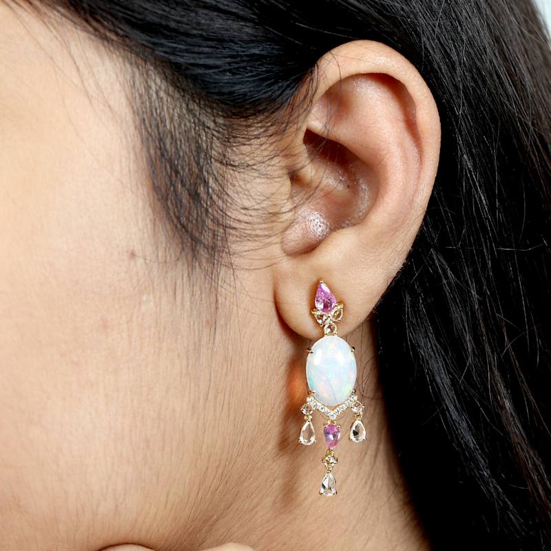 Thumbnail of Opal, Pink Sapphire & Diamond Drop Earrings in 18K Yellow Gold image