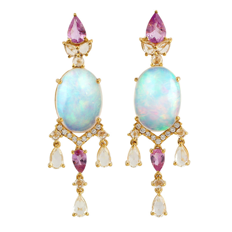 Thumbnail of Opal, Pink Sapphire & Diamond Drop Earrings in 18K Yellow Gold image