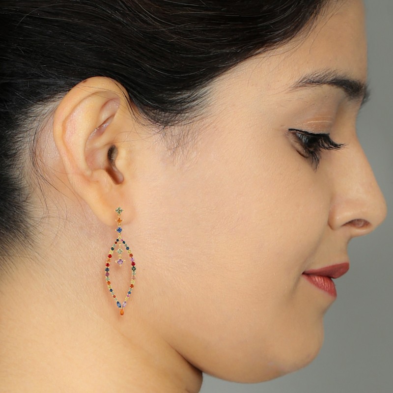 Thumbnail of Multicolor Sapphire Open Hoop Drop Earrings in 18K Yellow Gold image