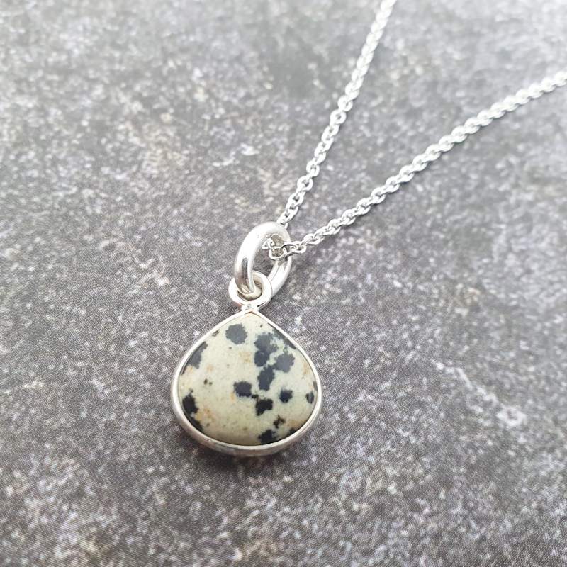 Thumbnail of Sterling Silver Dalmatian Jasper Gemstone Crystal Heart Charm Necklace image