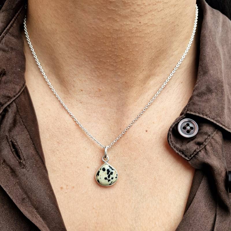 Thumbnail of Sterling Silver Dalmatian Jasper Gemstone Crystal Heart Charm Necklace image