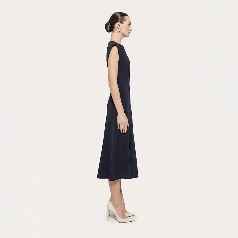 navy blue a line midi dress Women's A-Line | Small fitted waist dress Size medium measures 42.5 Color:Peach Bellini Happy 26th Birthday to