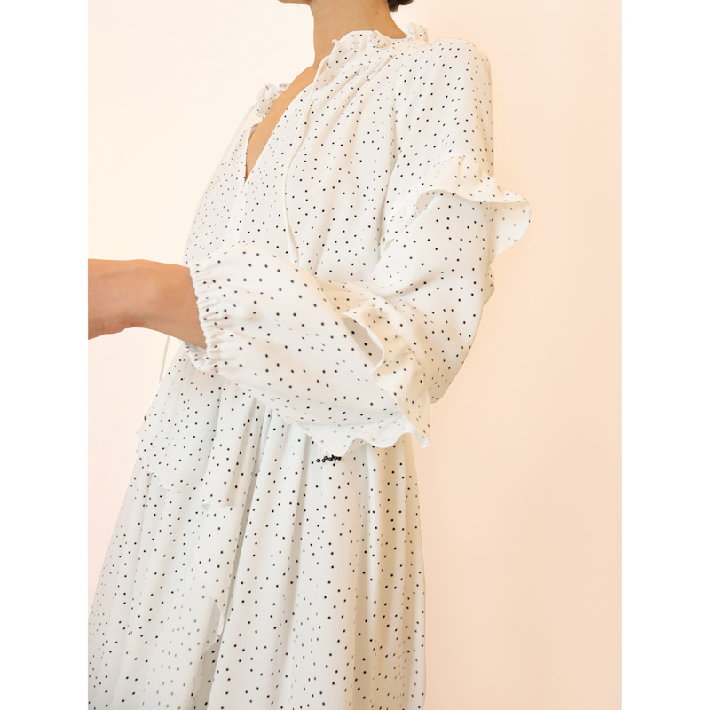Thumbnail of Aaron Ruffled Split  Polka-Dot Midi Dress - White image