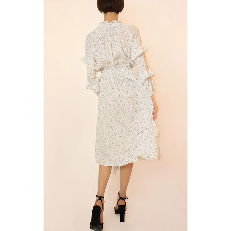 Thumbnail of Aaron Ruffled Split  Polka-Dot Midi Dress - White image