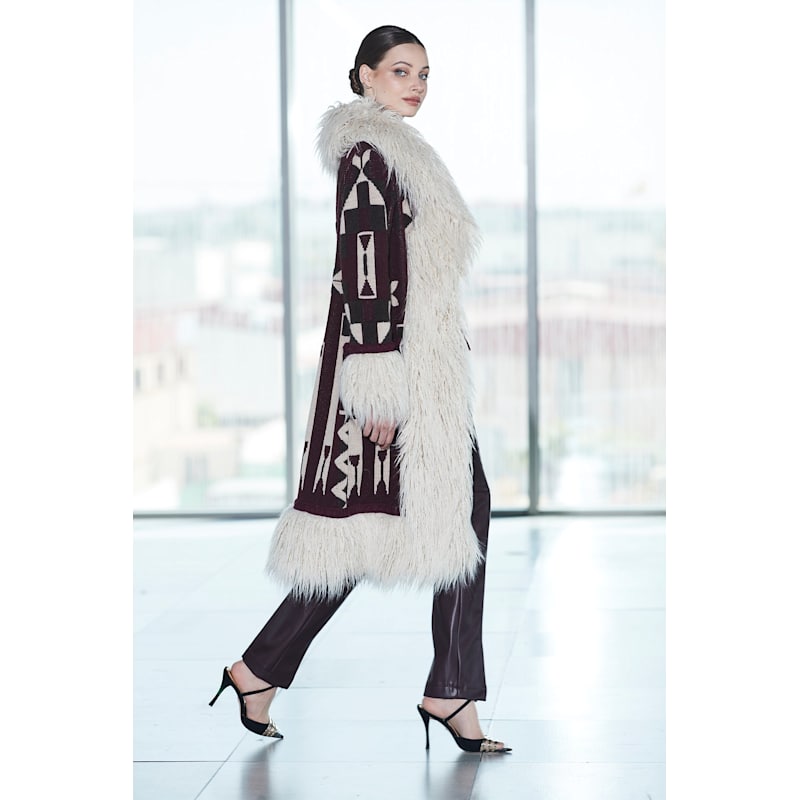Thumbnail of Long Alpaca Coat Maroon Odeta With Ethnic Jacquard And Curly Fur image