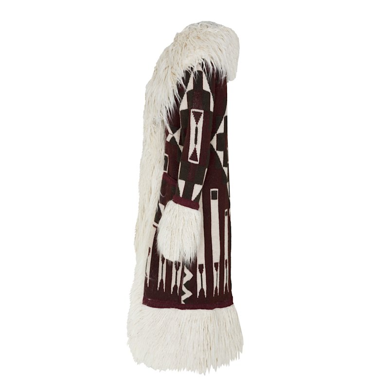 Thumbnail of Long Alpaca Coat Maroon Odeta With Ethnic Jacquard And Curly Fur image