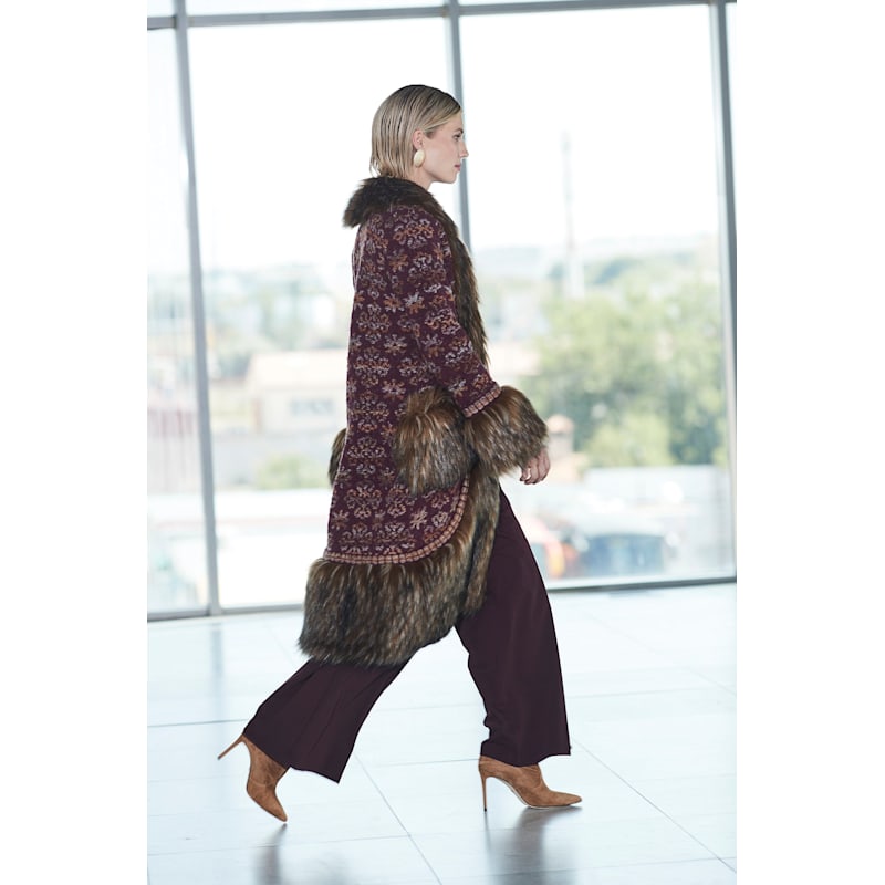 Thumbnail of Maroon Burgundy Jacquard Long Coat With Printed Hem image