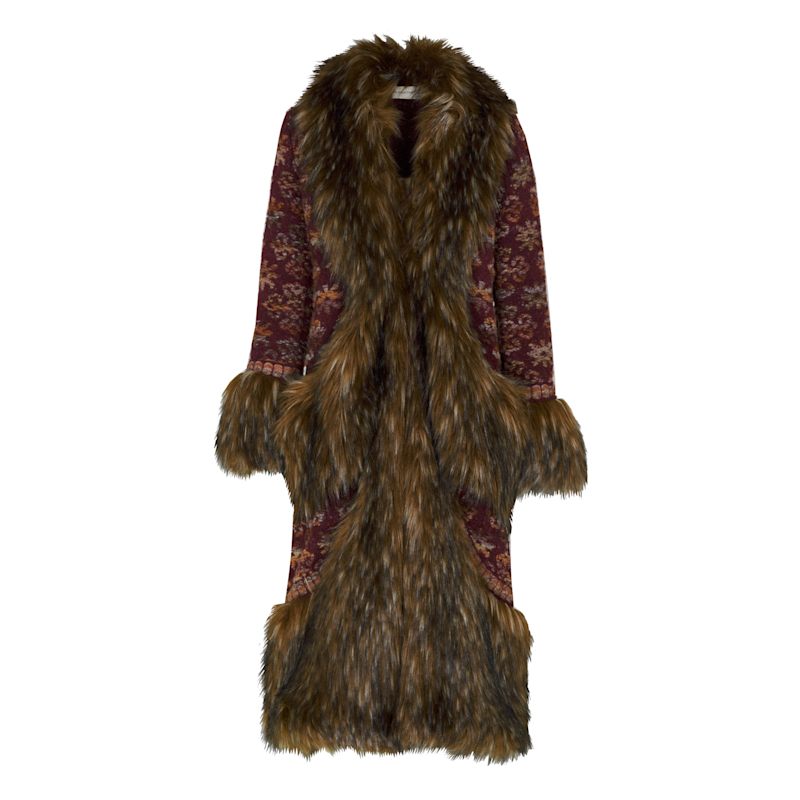 Thumbnail of Maroon Burgundy Jacquard Long Coat With Printed Hem image