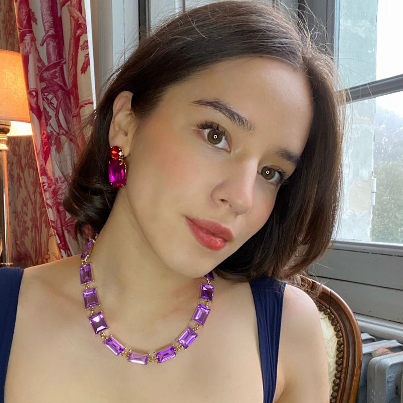 Thumbnail of Adelle Fuchsia Crystal Octagon And Ruby Round Stone Drop Earrings image