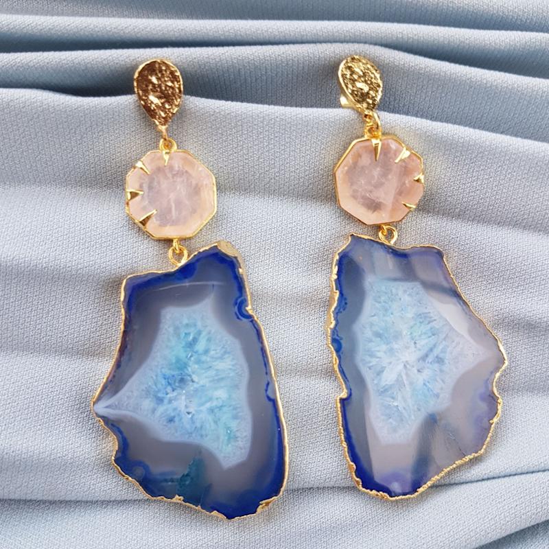 Thumbnail of 'Hold On' Rose Quartz Blue Agate Gemstone Statement Earrings image
