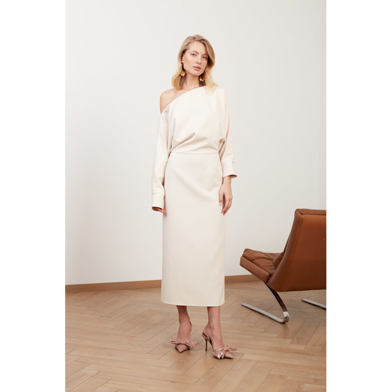 Thumbnail of Agalia Cream Off-The-Shoulder Midi Dress image
