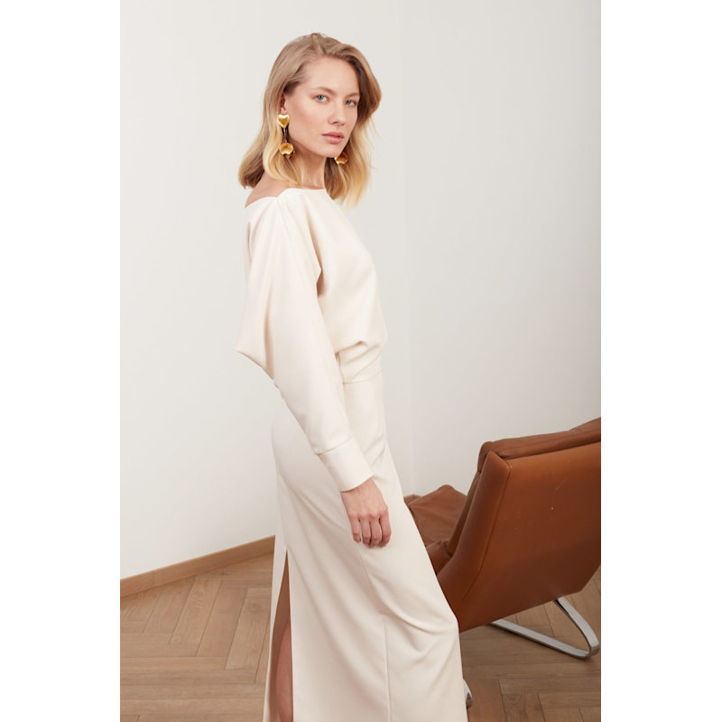 Thumbnail of Agalia Cream Off-The-Shoulder Midi Dress image