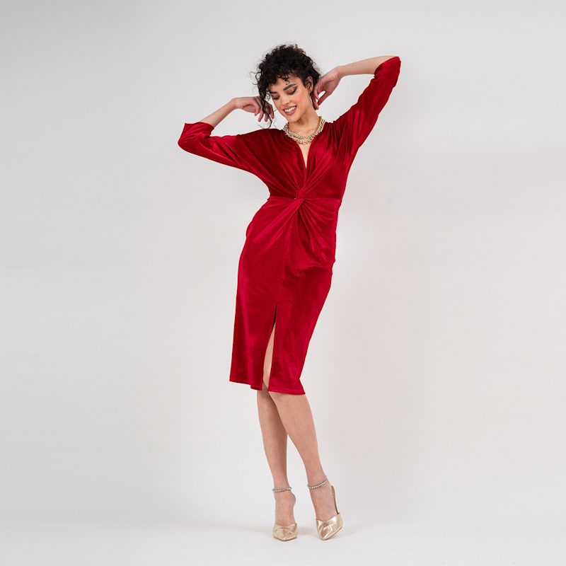 strapless open back dress Happy Clothing Velvet V-Neck Petal Strapless Velvet Midi Dress in Red