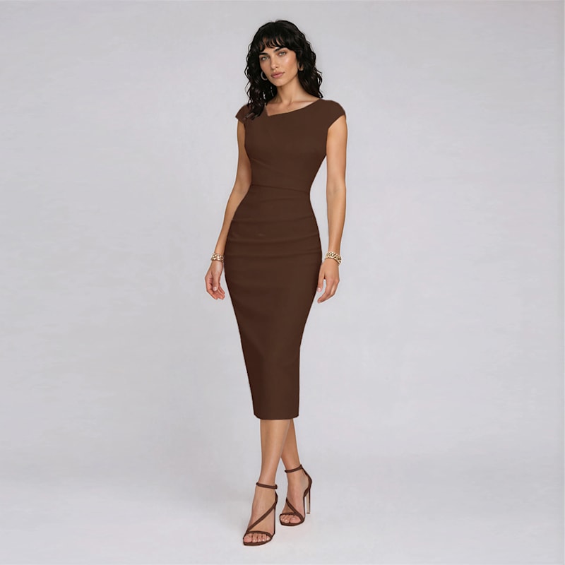 Thumbnail of Akaani Brown Bodycon Midi Office Dress With Draped Detailing image