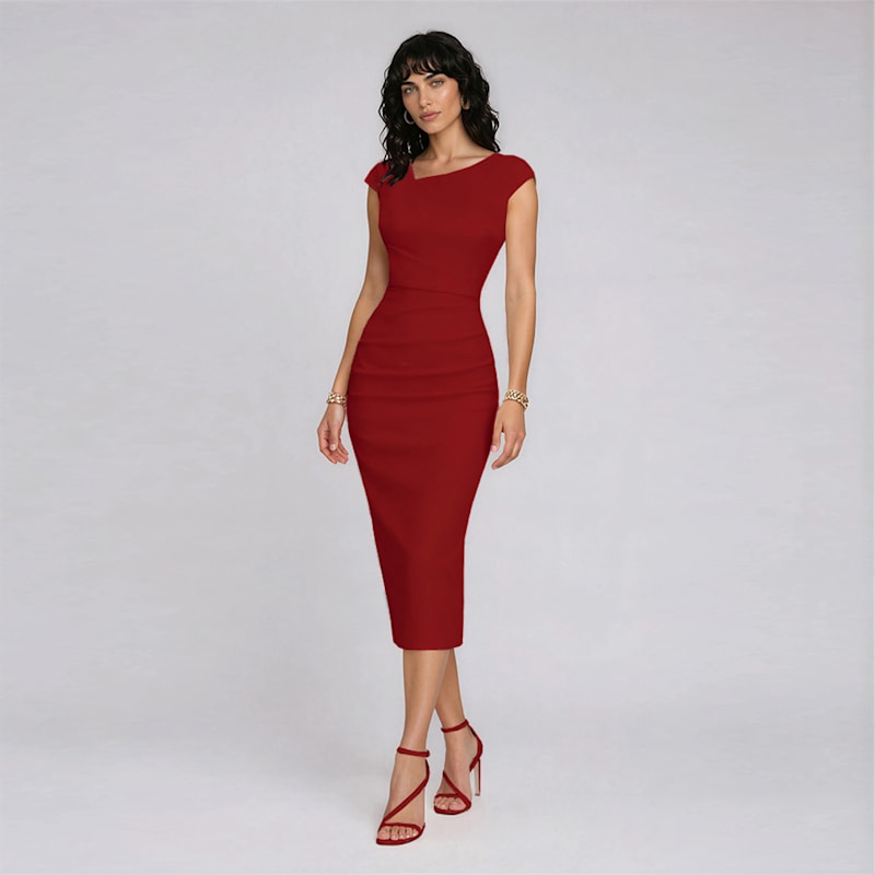 midi red bodycon dress Kylie Red Bodycon Dress Midi Length Fitted Dress Christmas Party Dress –  Runway Goddess main image 1