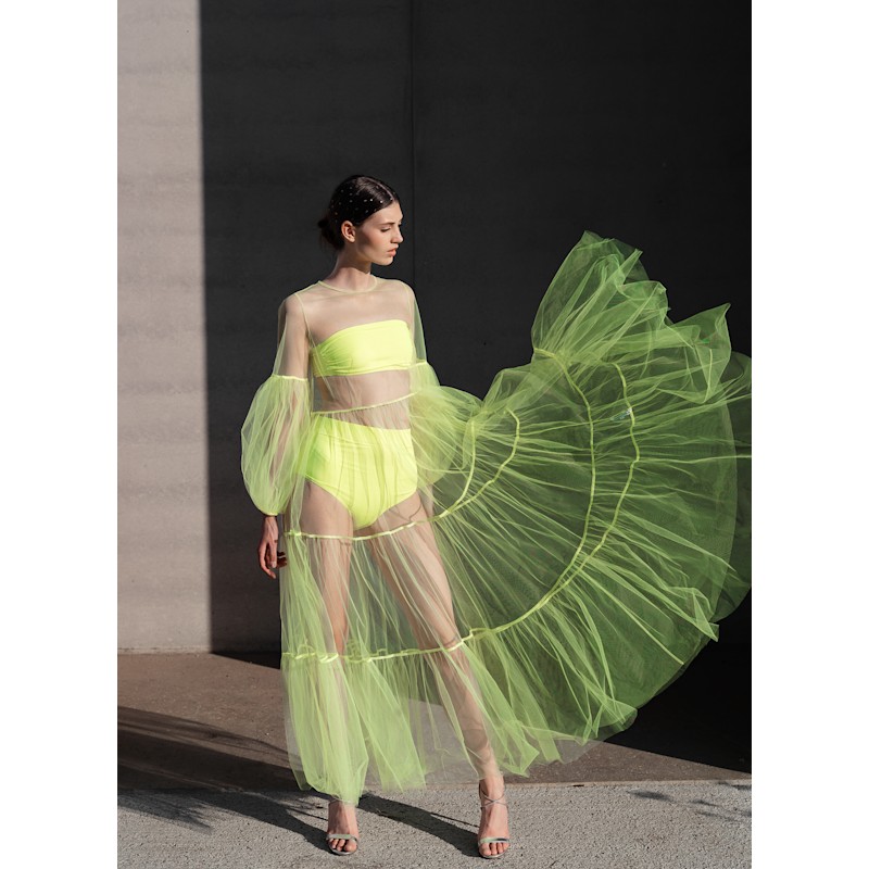 Alena Maxi Tulle Dress Neon-Yellow | Helene Galwas | Wolf & Badger