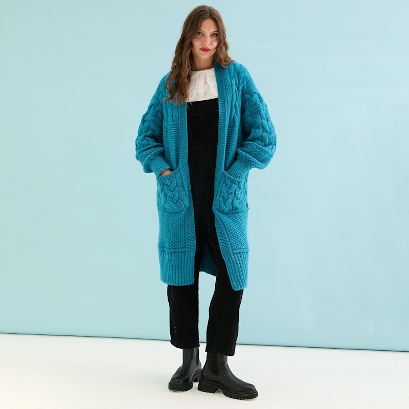 Alex Balloon Sleeve Cable Maxi Cardigan - Teal | Cara & The Sky