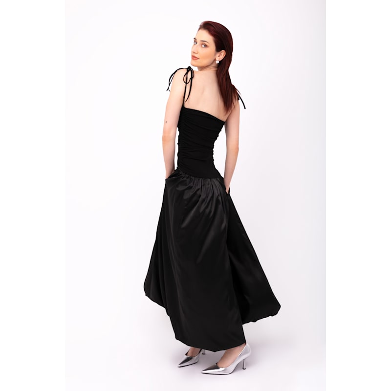 Thumbnail of Alexa Black Satin Puffball Maxi Dress image