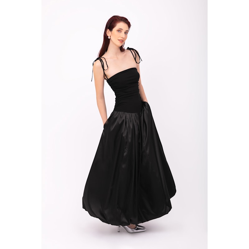 Thumbnail of Alexa Black Satin Puffball Maxi Dress image