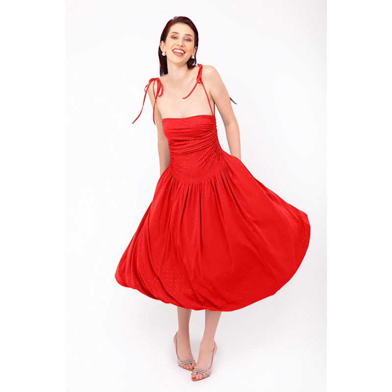 Thumbnail of Alexa Cherry Red Rhinestone Embellished Puffball Dress image