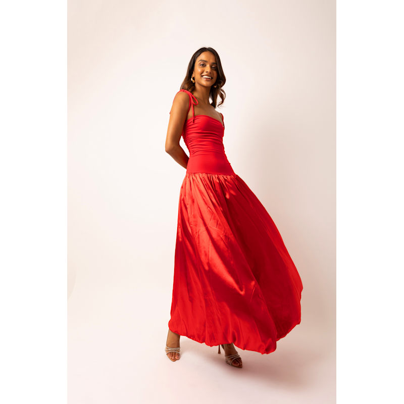 fitted lace wedding dress Deep Red Mini Dress with Puffball Skirt Design
